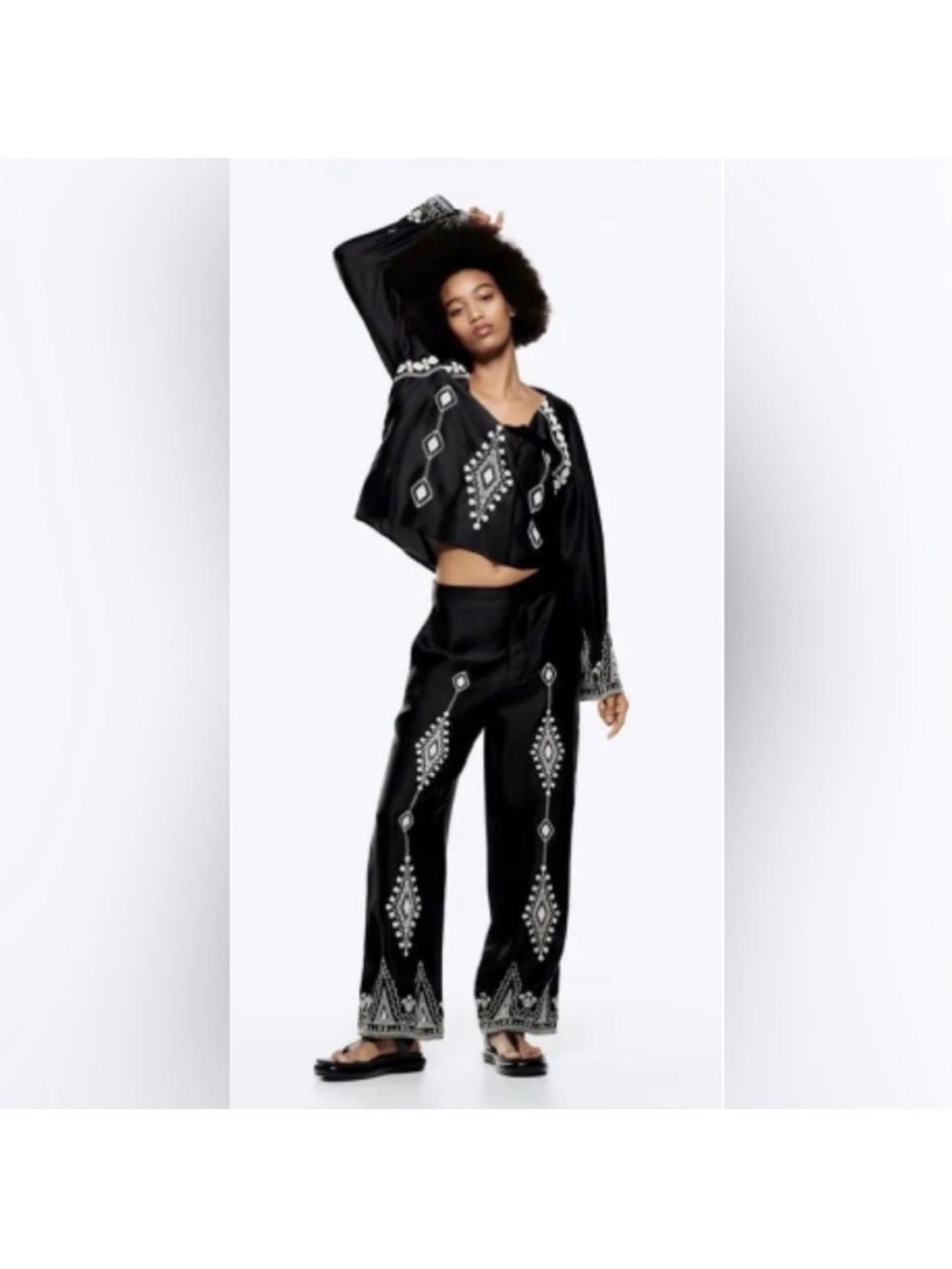 Zara Embroidered Satin Flow Pants | Size Small - Picture 2 of 9